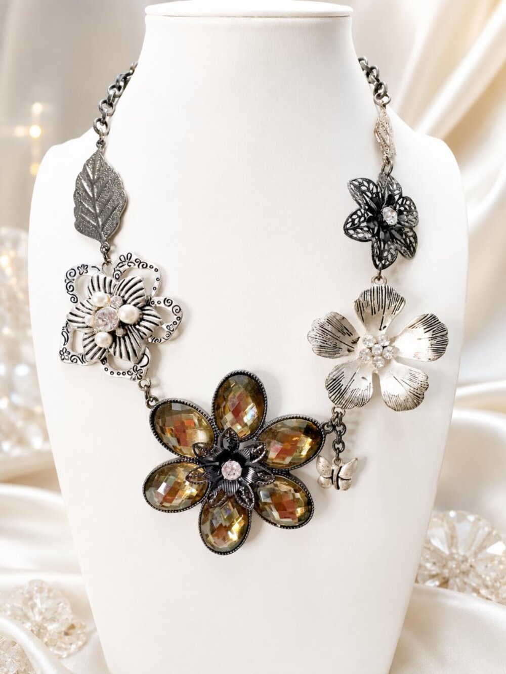 Park Lane Necklace Large Multi Layers Flowers Pearl Rhinestone Silver Butterfly